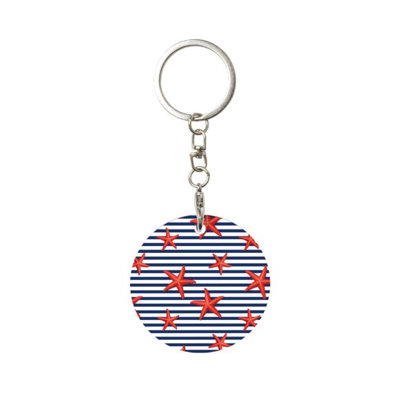 Naloa Starfish Navy Blue Stripe Print Round Keychain Keychain Key Ring, Key Tag, Key Chain Bulk for Gift Accessories (Round)