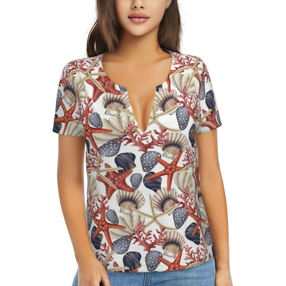 Naloa Starfish Shell Print T-Shirts Short Sleeve V Neck Tees for Women Fashion Tops Trendy Lightweight Soft Casual Summer Outfits Clothes