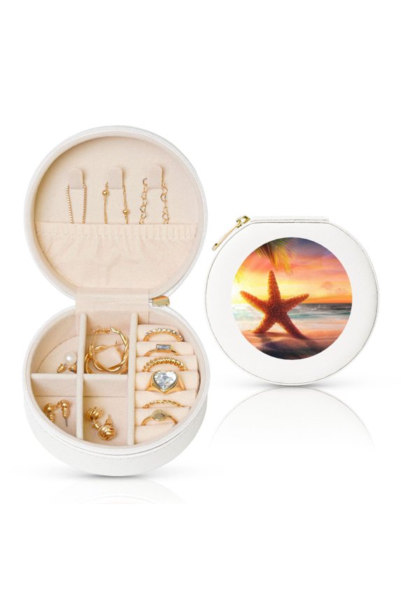 Starfish Sunset Sea Beach Round Jewelry Box, Travel Jewelry Organizer, 3.9 x 3.9 x 2in Jewelry Storage Box for Women-White