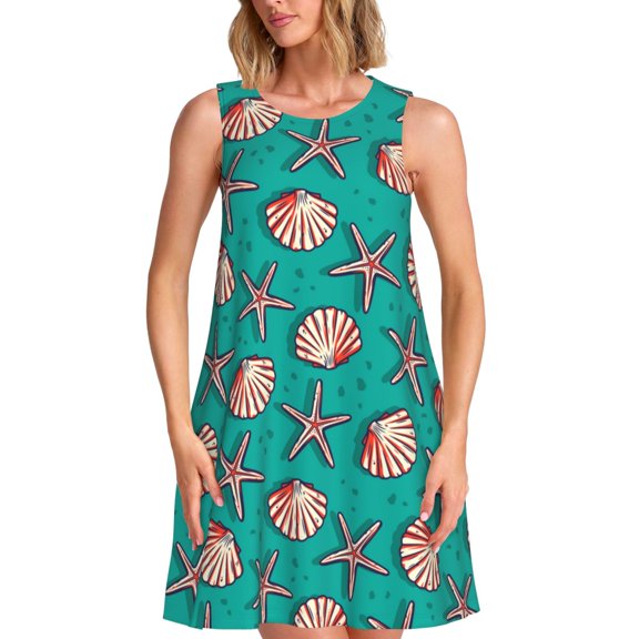 Naloa Starfish and Shell Print Women's Summer Spring Casual Beach Sundress,Vacation Sleeveless Tank Crewneck Loose Dresses