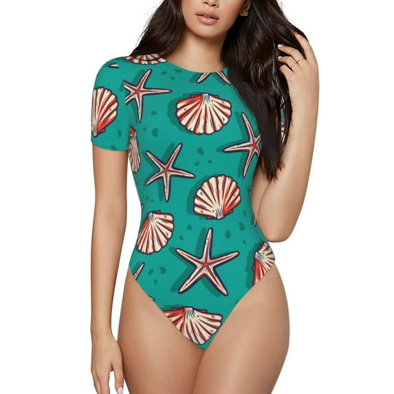 Naloa Starfish and Shell Women's Short-Sleeved Onesie, One-Piece Swimsuit for Parties, dates, clubs - XX-Large
