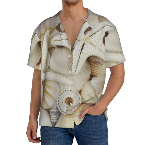 Naloa Starfishes On Seashells Men's Loose Fit Cuban Collar Short-Sleeve Shirt, Hawaiian Shirts, Mens Shirts Casual for Everyday Wear Outings-Medium