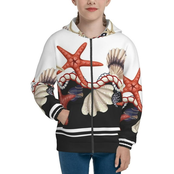 Naloa Starfishes Shells Teenage Zipper Hoodie, Long Sleeve Zip Up Hoodies Casual Jackets Tops for 7-12 Years-Medium