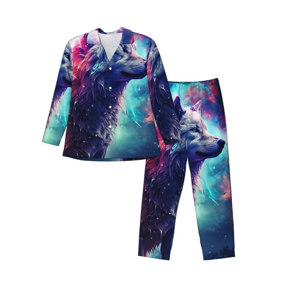 Naloa Starry Multicolored Wolf Men’s Pajamas Set - Long Sleeve Button Down Sleep Shirt and Pajama Bottoms Sleepwear Set-Large