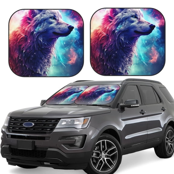 Naloa Starry Multicolored Wolf Print 2-Piece Windshield Sunshade,Foldable Car Front Window Sun Shades,for Most Sedans SUV Truck-Small