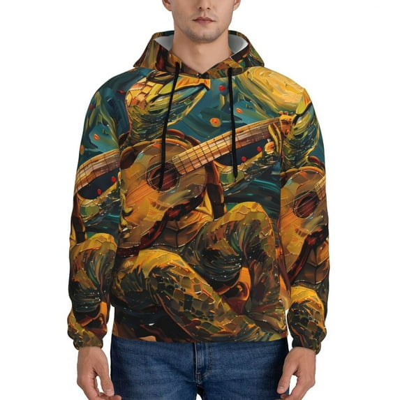 Naloa Starry Night Guitar Turtle Men's Casual Hooded Collar Drawstring Hoodies Pullover Sweatshirts Casual Long Sleeve Shirts-Small