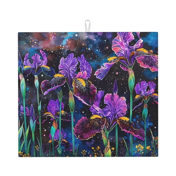 Naloa Starry Night Iris Field Dish Drying Mat for Kitchen Counter, Heat Resistant Drainer Mats, Absorbent Draining Mat,Dish Rack Pad,16"x18"