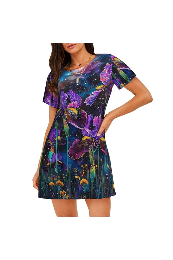 Starry Night Iris Field Print Women Nightgowns,Womens Loungewear,Short Sleeve Sleepwear,Comfy Ladies Nightdress