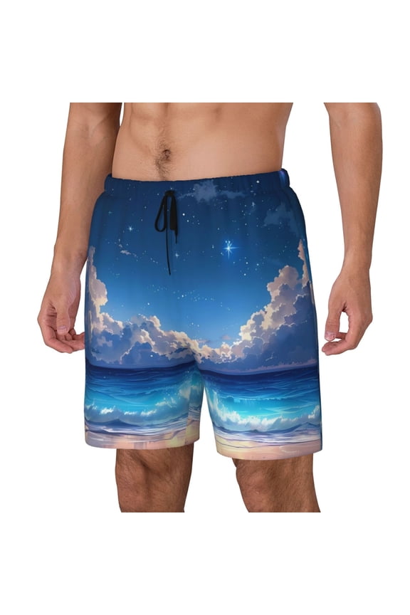Starry Night Ocean View Print Men Swim Trunks with Compression Liner ,Board Shorts,Men's Swim Shorts with Drawstring and Elastic Waistband-Large