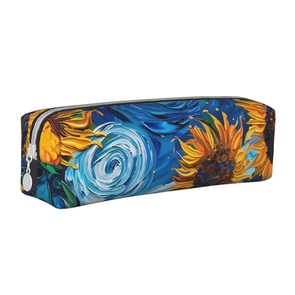 Naloa Starry Night Sunflower Field Leather Pencil Case, Makeup Pouch, Zipper Pouch for Daily Essentials, Storage Organizer, Cosmetics and Stationary Bag