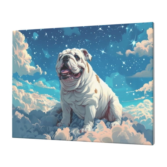 Naloa Starry Sky Cloud Bulldog Print Canvas Picture,Wall Pictures, Modern Decorative Poster,Art Prints for Bedroom, Toilet, 40 x 30 cm, Built-in Wooden Frame