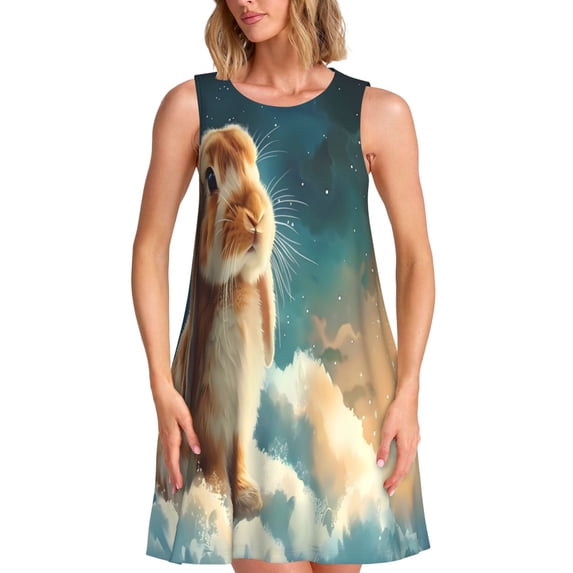Naloa Starry Sky Cloud Cute Rabbit Print Women's Summer Spring Casual Beach Sundress,Vacation Sleeveless Tank Crewneck Loose Dresses