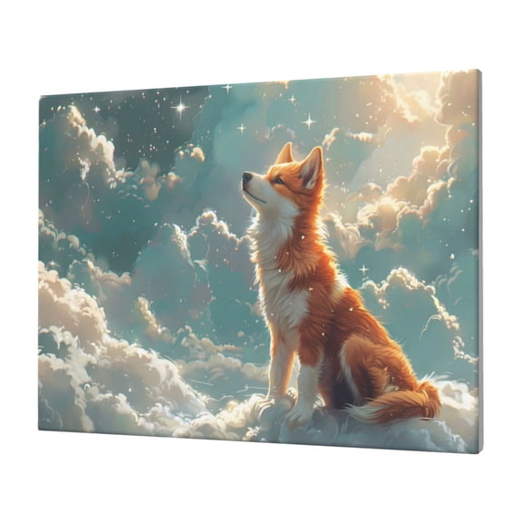 Naloa Starry Sky Cloud Fox Print Canvas Picture,Wall Pictures, Modern Decorative Poster,Art Prints for Bedroom, Toilet, 40 x 30 cm, Built-in Wooden Frame