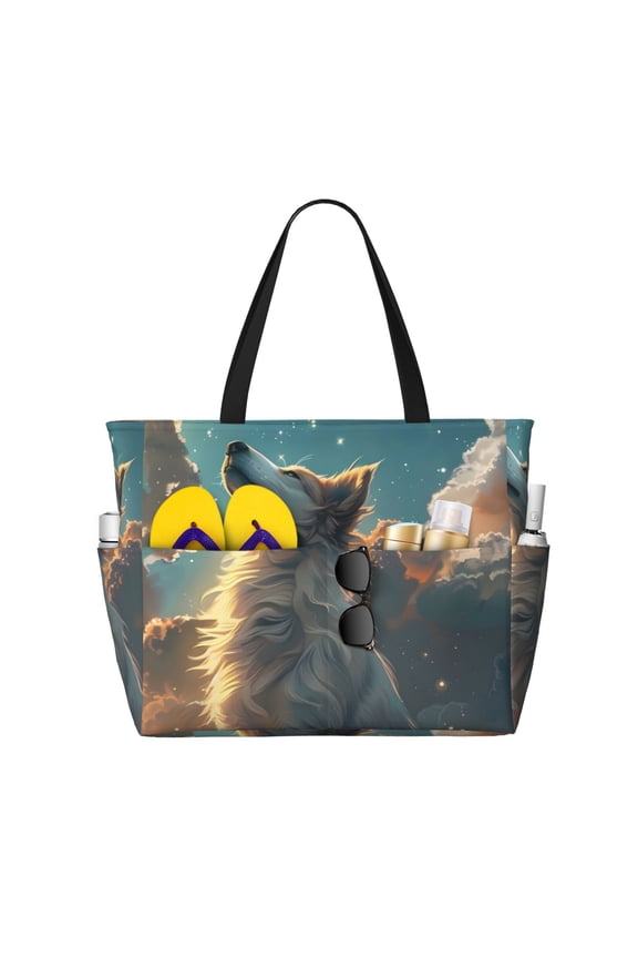 Starry Sky Cloud Wolf Large Capacity Beach Bag, Waterproof Sandproof Beach Swim Pool Bag Tote Bag for Women
