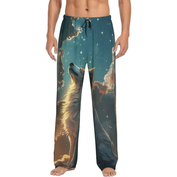 Naloa Starry Sky Cloud Wolf Pajama Pants Men, PJ Bottoms, Sleep & Lounge Pants-Small