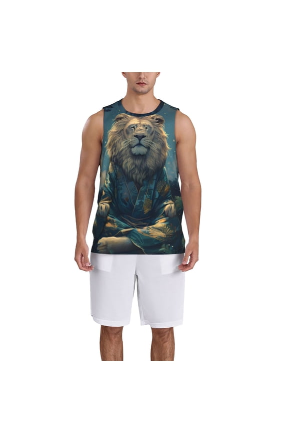 Starry Sky Meditating Lion Basketball Jersey Reversible Men's Mesh Athletic Sports Shirts Training Practice S-4XL3X-Large
