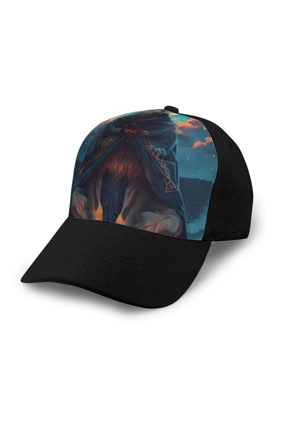 Starry Sky Moon Wolf Leader Adult adjustable Print Baseball Hat, Patchwork curved brim baseball capfor Men and Women, One Size