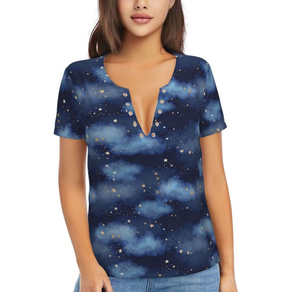 Naloa Starry Sky Print T-Shirts Short Sleeve V Neck Tees for Women Fashion Tops Trendy Lightweight Soft Casual Summer Outfits Clothes