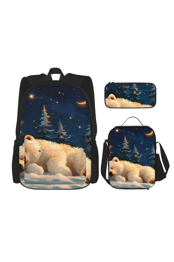 Starry Sky Sleep White Bear Print Large Capacity Backpack Lunch Bag Pencil Case Combination 3 Piece Set for Student