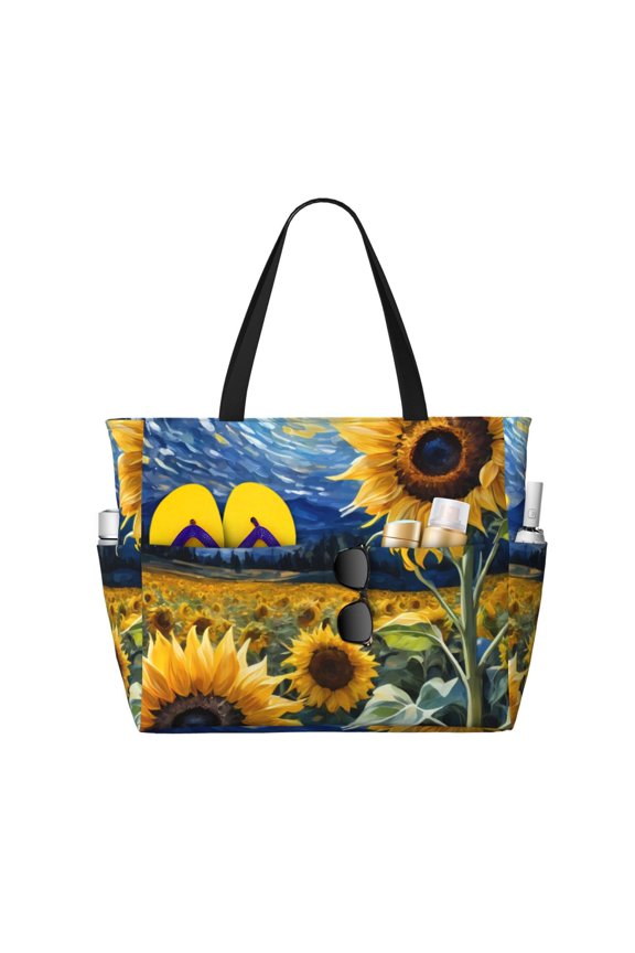 Starry Sky Sunflower Large Capacity Beach Bag, Waterproof Sandproof Beach Swim Pool Bag Tote Bag for Women