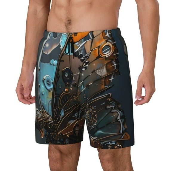 Naloa Steampunk Mechanical Butterfly Print Men Swim Trunks with Compression Liner ,Board Shorts,Men's Swim Shorts with Drawstring and Elastic Waistband-Medium