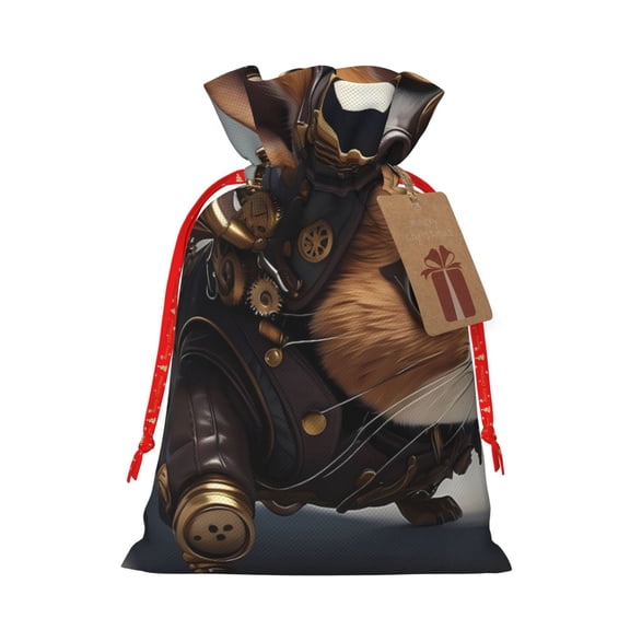 Naloa Steampunk Squirrel Pilot Drawstring Christmas Bags, 3D Xmas Gift Bags, Christmas Wrapping Bags, Xmas Goodie Bags, Treat Pouch Bags, Party Favor Bags-Medium