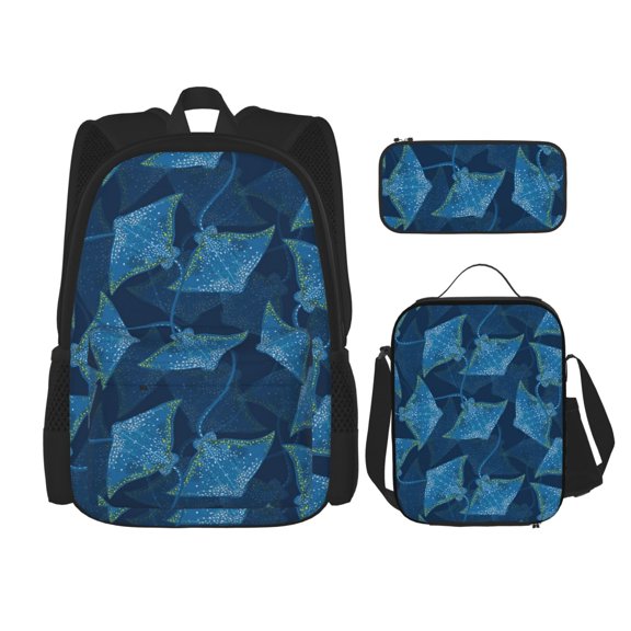 Naloa Stingray Print Large Capacity Backpack Lunch Bag Pencil Case Combination 3 Piece Set for Student