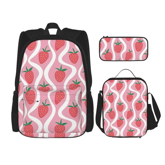 Naloa Strawberries Print Large Capacity Backpack Lunch Bag Pencil Case Combination 3 Piece Set for Student