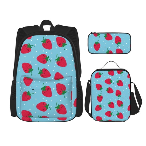 Naloa Strawberries Print Large Capacity Backpack Lunch Bag Pencil Case Combination 3 Piece Set for Student