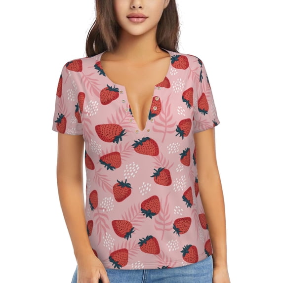 Naloa Strawberries Print T-Shirts Short Sleeve V Neck Tees for Women Fashion Tops Trendy Lightweight Soft Casual Summer Outfits Clothes