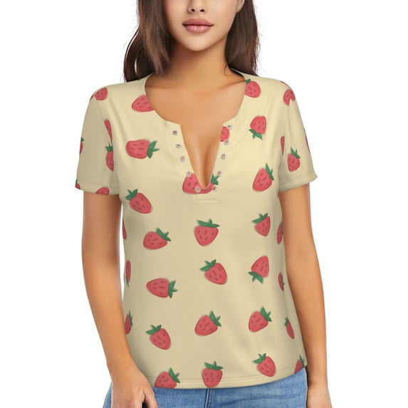 Naloa Strawberries Print T-Shirts Short Sleeve V Neck Tees for Women Fashion Tops Trendy Lightweight Soft Casual Summer Outfits Clothes