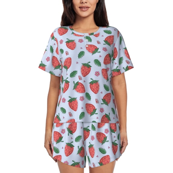 Naloa Strawberries Women's Short-Sleeved Pajama Set, Loungewear, Summer pajamas, Breathable Cozy - X-Large