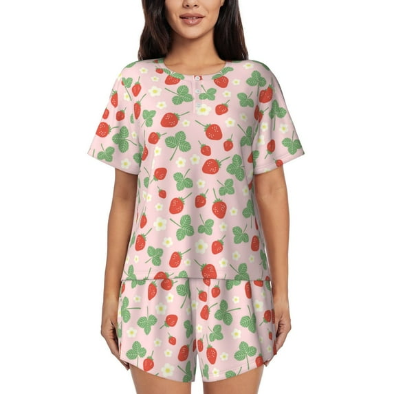 Naloa Strawberry And Flowers Women's Short-Sleeved Pajama Set, Loungewear, Summer pajamas, Breathable Cozy - 3X-Large