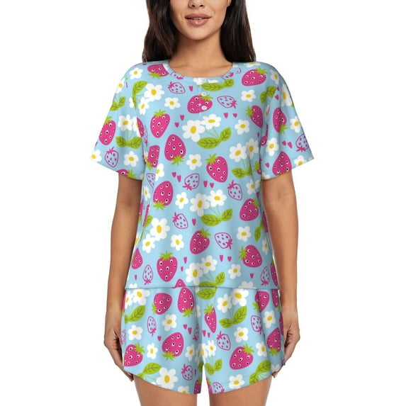 Naloa Strawberry And Flowers Women's Short-Sleeved Pajama Set, Loungewear, Summer pajamas, Breathable Cozy - Medium