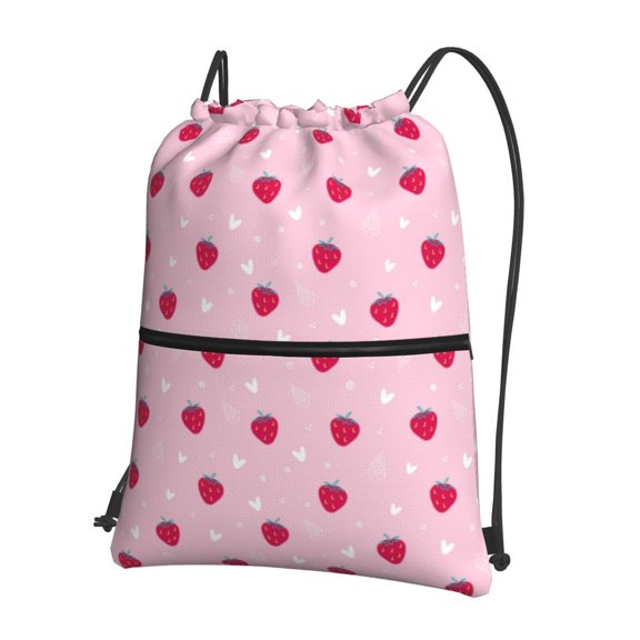 Naloa Strawberry And Heart Drawstring Backpack String Bag Cinch Water Resistant for Gym Shopping Sport Yoga