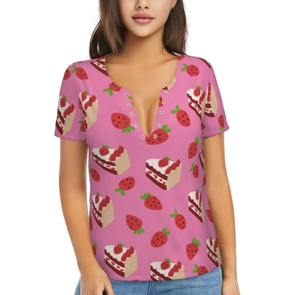Naloa Strawberry Cake Print T-Shirts Short Sleeve V Neck Tees for Women Fashion Tops Trendy Lightweight Soft Casual Summer Outfits Clothes