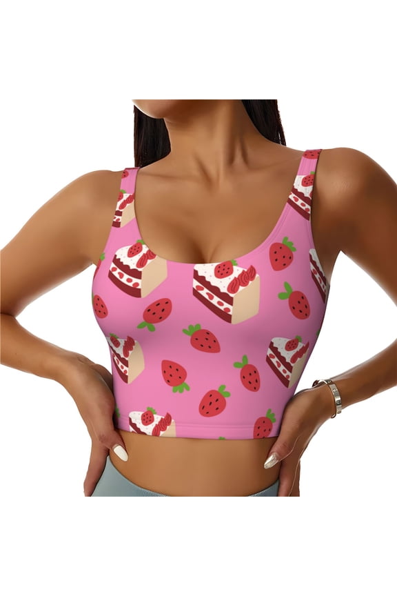 Strawberry Cake Sports Bras for Women, High Support Bra with Removable Pads, Comfortable - Medium