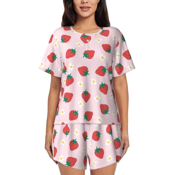 Naloa Strawberry Floral Women's Short-Sleeved Pajama Set, Loungewear, Summer pajamas, Breathable Cozy - X-Large