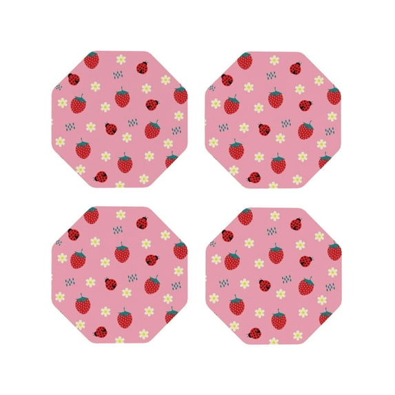 Naloa Strawberry and Ladybugs Leather Coasters for Drinks, Durable Drink Coasters 4 Set for Tabletop Protection, Luxurious Home Décor and Housewarming Gift ( {designName})Octagon