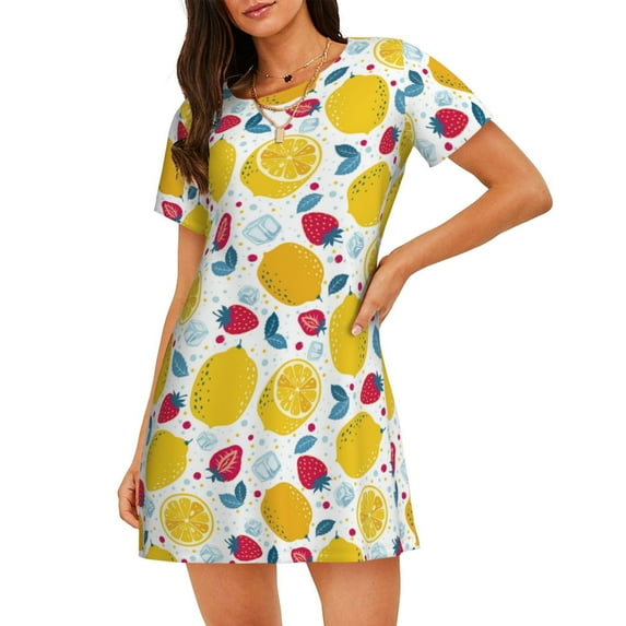 Naloa Strawberry Lemon Print Women Nightgowns,Womens Loungewear,Short Sleeve Sleepwear,Comfy Ladies Nightdress