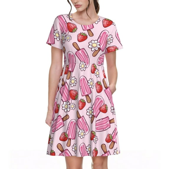 Naloa Strawberry Popsicle Print Womens Summer A-Line Dress with Pockets,Short Sleeve Dresses,Flowy Beach Swing Dress for Vacation Travel
