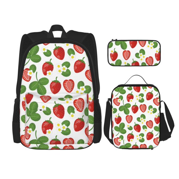 Naloa Strawberry Print Large Capacity Backpack Lunch Bag Pencil Case Combination 3 Piece Set for Student