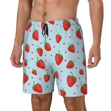 Naloa Strawberry Print Men Swim Trunks with Compression Liner ,Board Shorts,Men's Swim Shorts with Drawstring and Elastic Waistband-Small