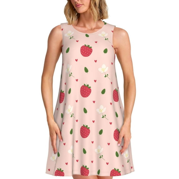 Naloa Strawberry Print Women's Summer Spring Casual Beach Sundress,Vacation Sleeveless Tank Crewneck Loose Dresses