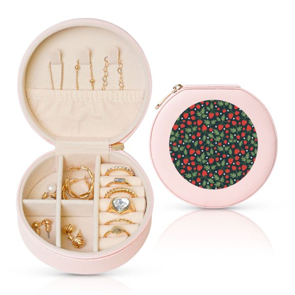 Naloa Strawberry Round Jewelry Box, Travel Jewelry Organizer, 3.9 x 3.9 x 2in Jewelry Storage Box for Women-Pink