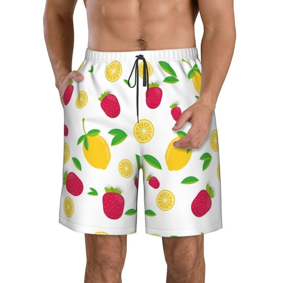 Naloa Strawberry and Lemon Men's Beach Shorts, Surfing shorts, Swim trunks, Quick Dry Swim Trunks for Surfing Beach Fun - Large