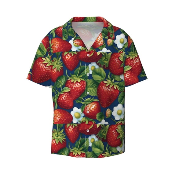 Naloa Strawberry2 Men's Loose Fit Cuban Collar Short-Sleeve Shirt with Button-down and Chest Pocket for Everyday Wear Outings - 4X-Large