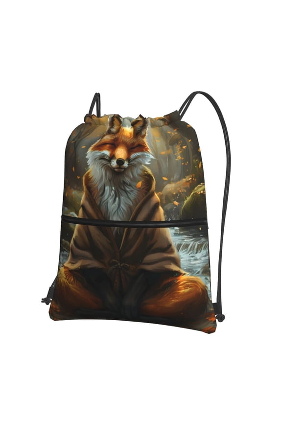 Streamside Meditating Fox Drawstring Backpack String Bag Cinch Water Resistant for Gym Shopping Sport Yoga