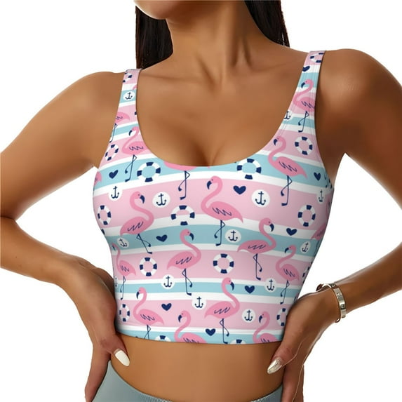 Naloa Striped Flamingo Sports Bras for Women, High Support Bra with Removable Pads, Comfortable - XX-Large