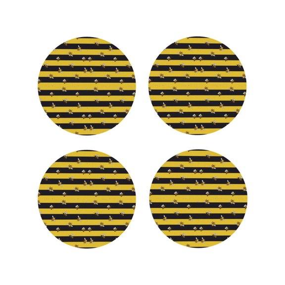 Naloa Striped With Bees Leather Coasters for Drinks, Durable Drink Coasters 4 Set for Tabletop Protection, Luxurious Home Décor and Housewarming Gift ( {designName})Round Shape